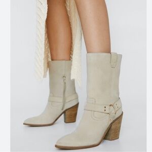 Nasty Gal Suede Leather Harness Western Boots Beige Size 6